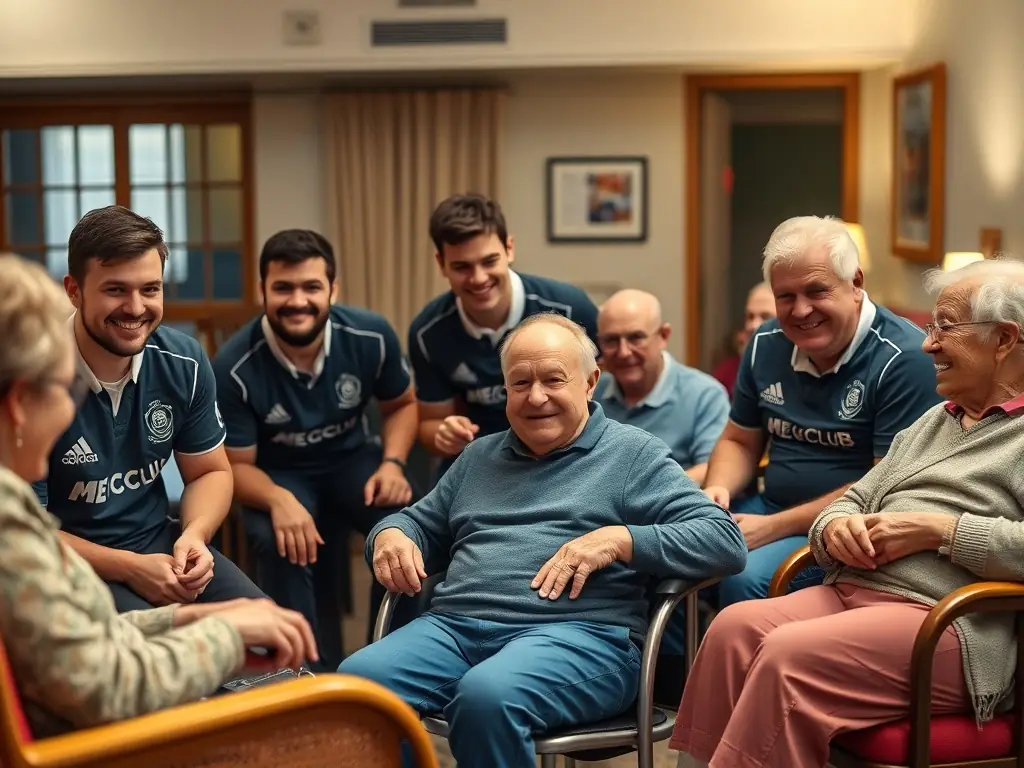 An inspiring image of MEYMASCLUB players visiting a local nursing home, bringing joy and companionship to elderly residents.