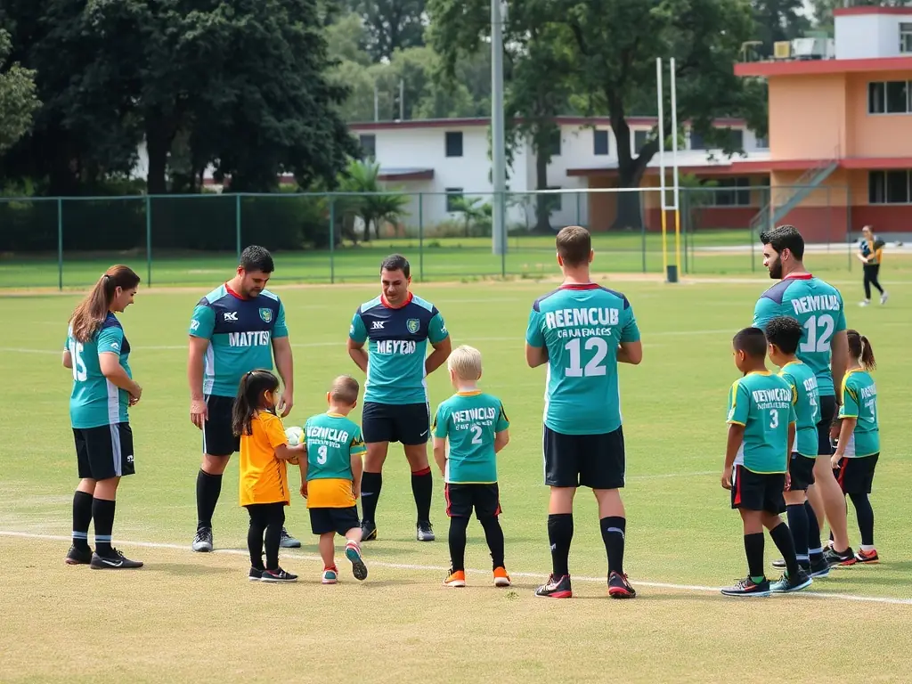 A photograph of MEYMASCLUB members participating in a community outreach event, such as a rugby clinic for local schools. The image highlights the club's commitment to community engagement and promoting rugby to a wider audience.
