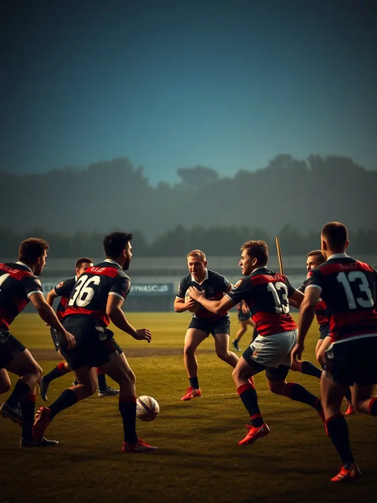 A dynamic shot of adults playing in a local rugby tournament, emphasizing the competitive spirit and community involvement, with the MEYMASCLUB logo visible in the background.