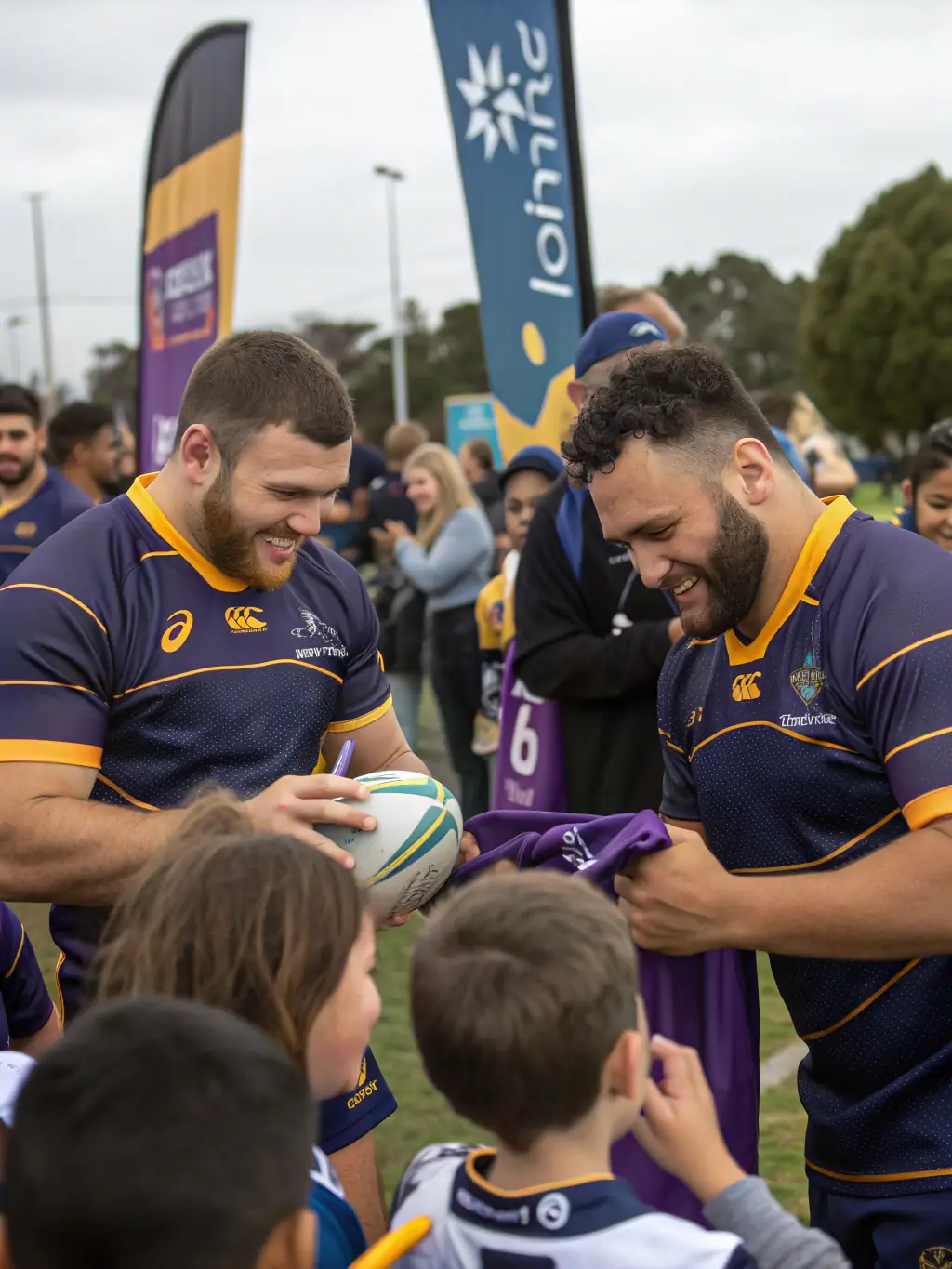 A group of volunteers and community members participating in a rugby-themed community outreach event, promoting the values of rugby and MEYMASCLUB.