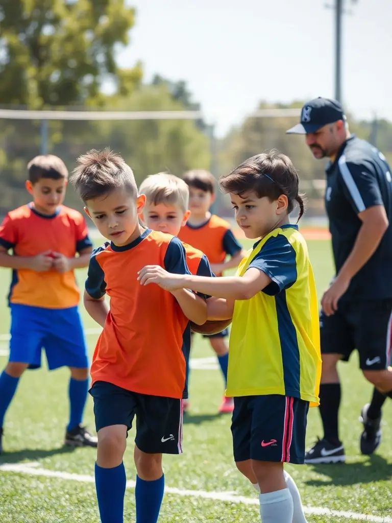 A vibrant image capturing children participating in a MEYMASCLUB youth rugby training session, showcasing teamwork and active engagement.