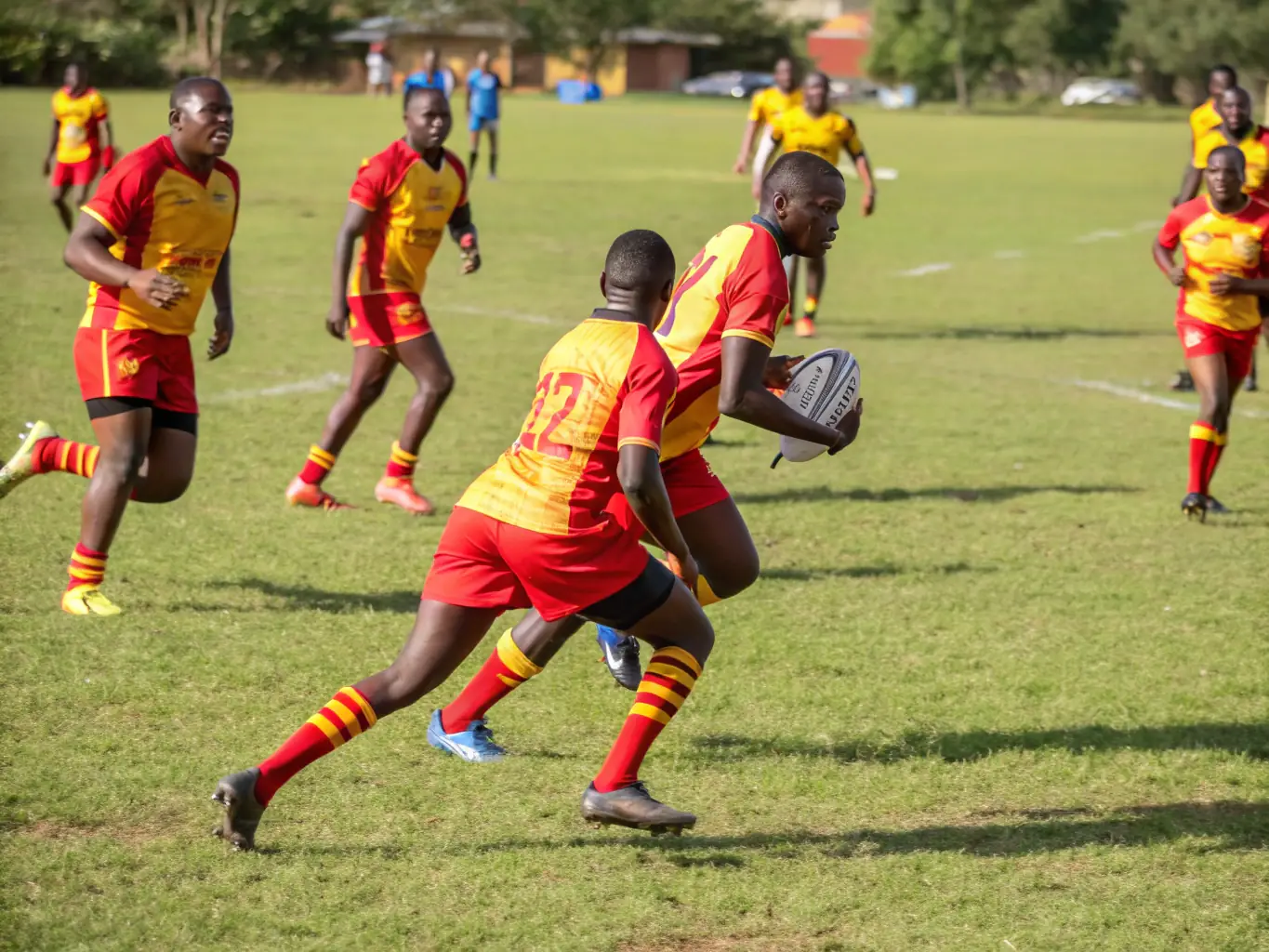A photograph of MEYMASCLUB members mentoring young children in a rugby clinic, demonstrating their dedication to youth development and sports education.