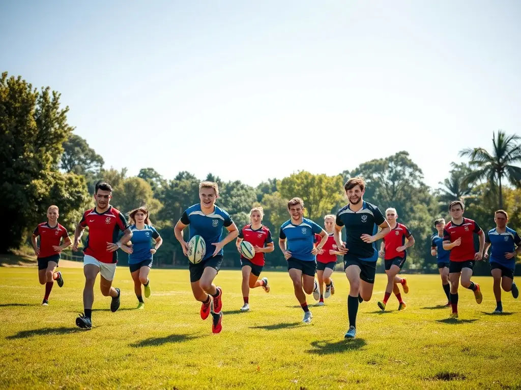 A dynamic image of a youth rugby team in action, showcasing the energy and teamwork of MEYMASCLUB's youth programs. The players are running with the ball, cheered on by parents and coaches.