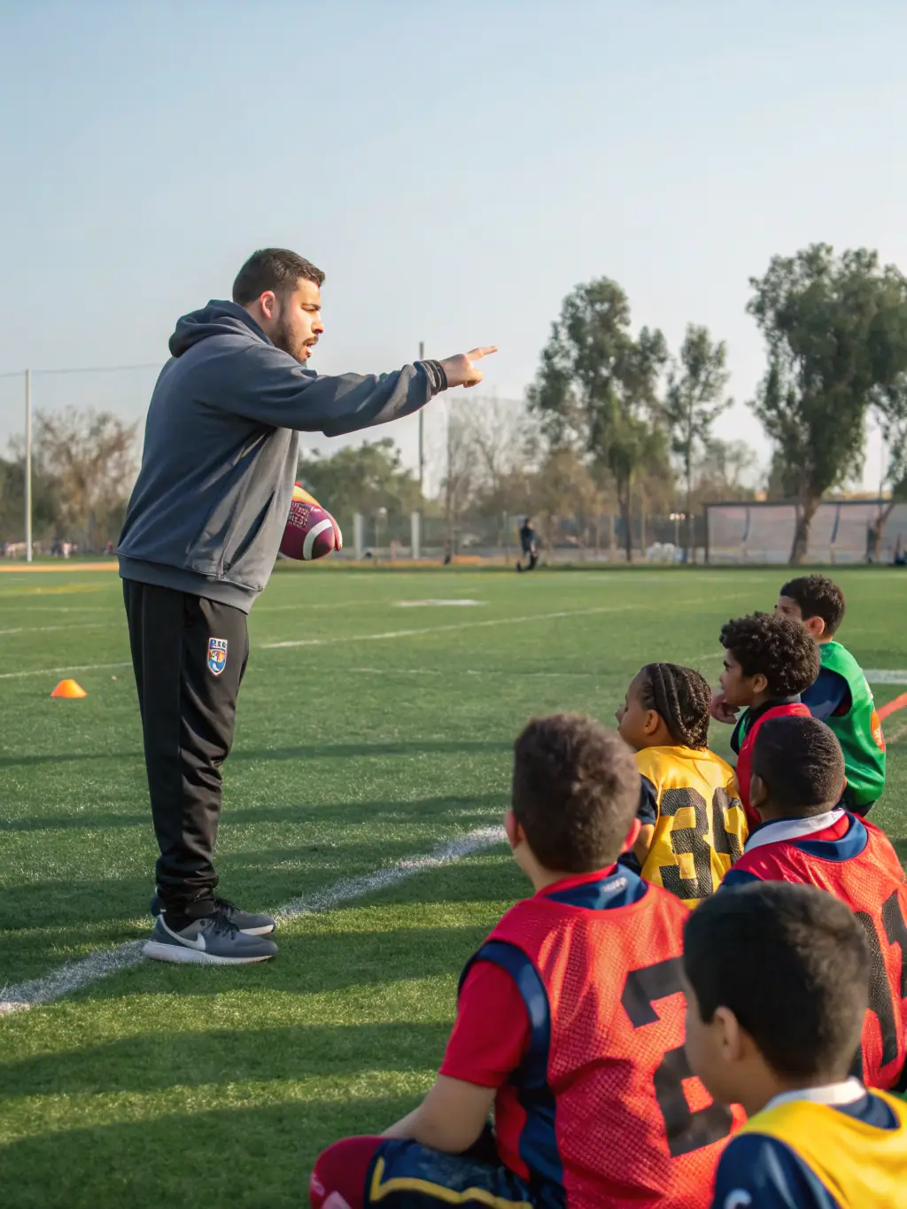 A professional shot of MEYMASCLUB coaches leading a rugby workshop for adults, highlighting skill development and fitness.