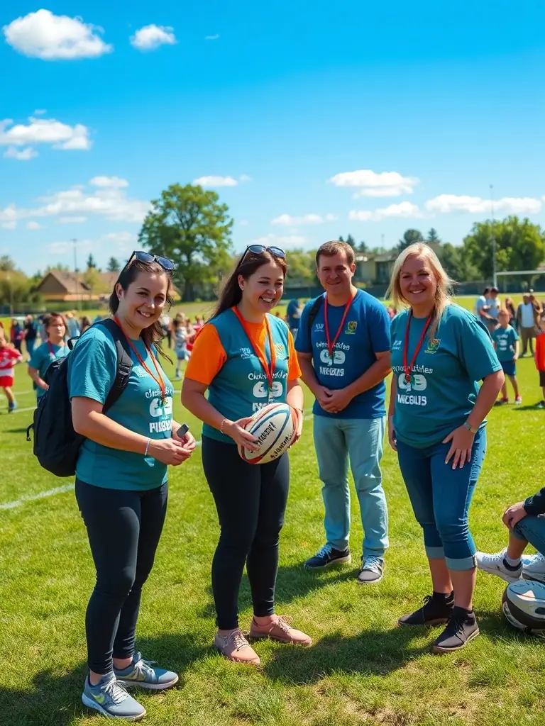 A dynamic photo of MEYMASCLUB volunteers conducting a rugby outreach event in a local school, emphasizing community engagement.