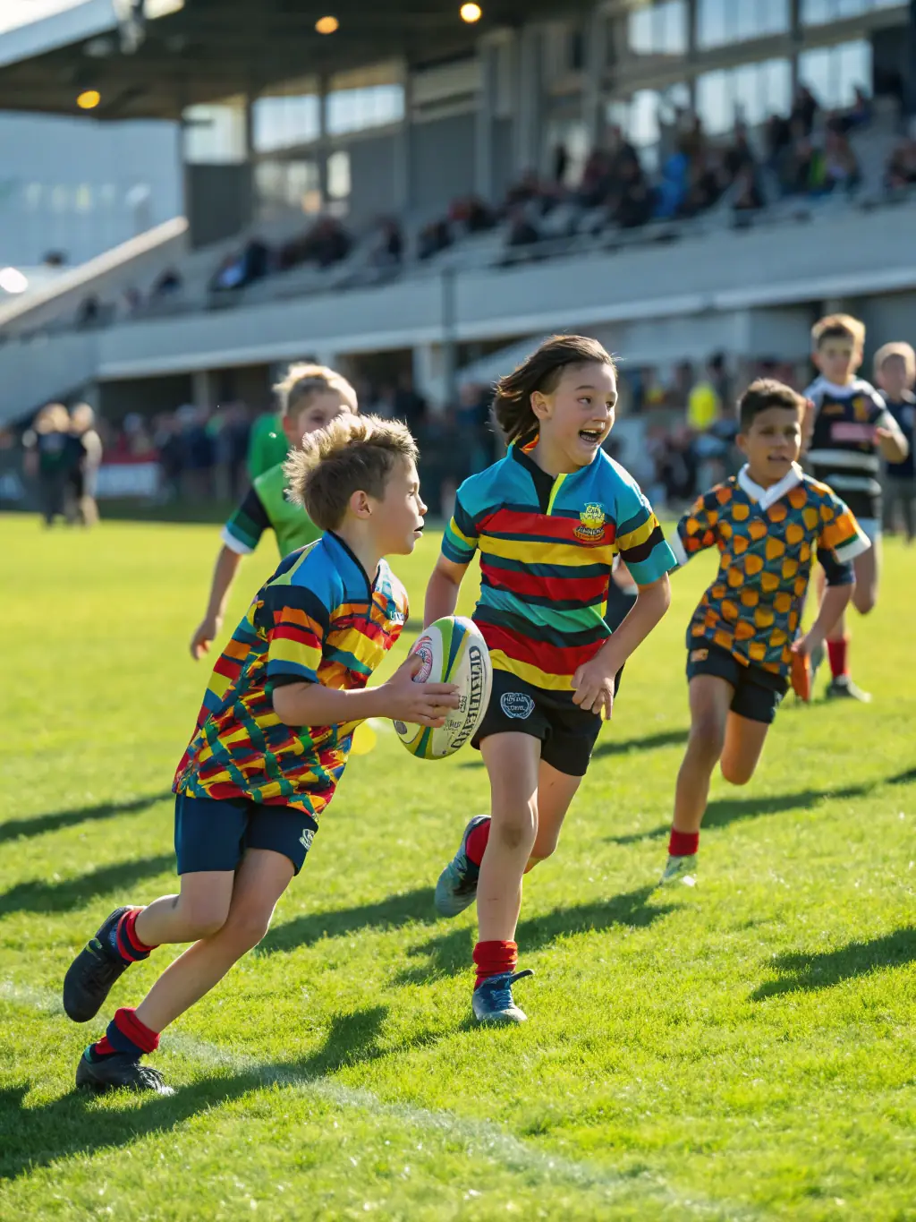 Action shot of young children participating in a rugby training session, focusing on teamwork and skill development, set against the backdrop of the Meymac rugby field.